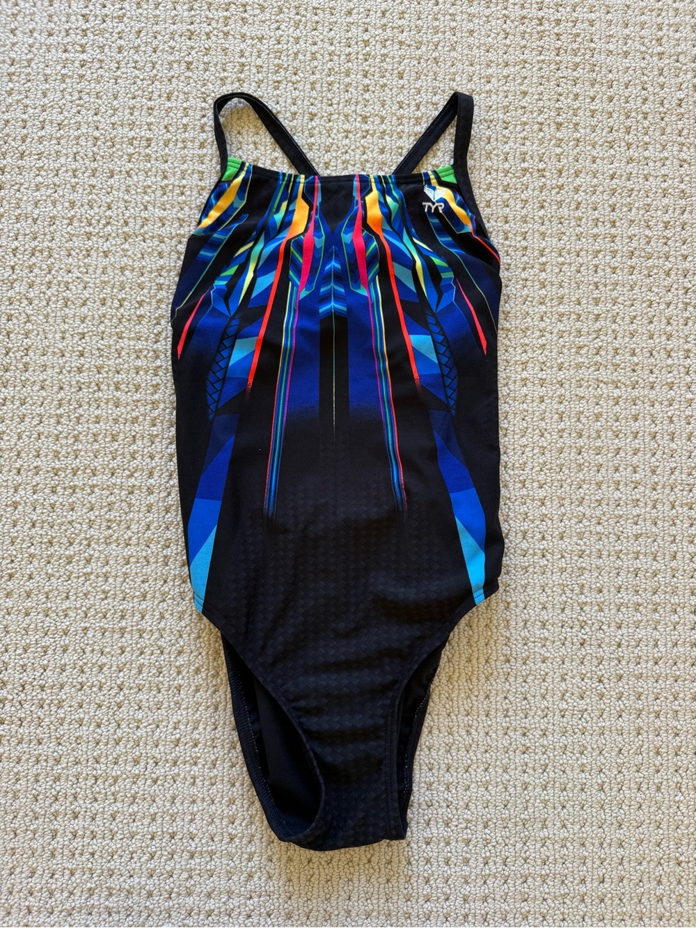 TYR Black One-Piece Swimsuit with Blue, Green and Red Accents